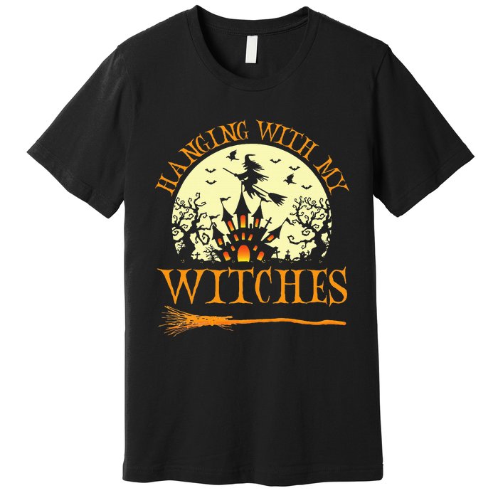 Spooky Halloween Witch Design with Broom and Bat Premium T-Shirt