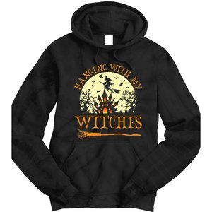 Spooky Halloween Witch Design with Broom and Bat Tie Dye Hoodie