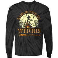 Spooky Halloween Witch Design with Broom and Bat Tie-Dye Long Sleeve Shirt