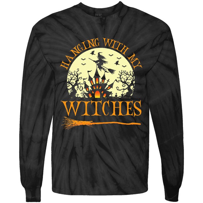 Spooky Halloween Witch Design with Broom and Bat Tie-Dye Long Sleeve Shirt