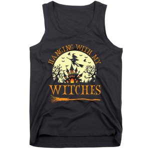 Spooky Halloween Witch Design with Broom and Bat Tank Top