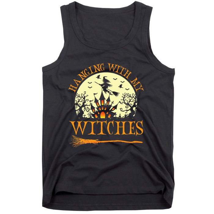 Spooky Halloween Witch Design with Broom and Bat Tank Top