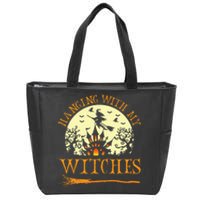 Spooky Halloween Witch Design with Broom and Bat Zip Tote Bag