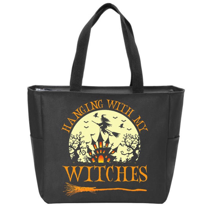 Spooky Halloween Witch Design with Broom and Bat Zip Tote Bag