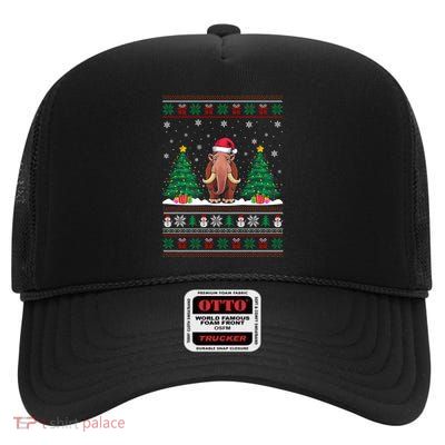 Santa Hat Woolly Mammoth Christmas Tree Lights Ugly Meaningful Gift High Crown Mesh Back Trucker Hat