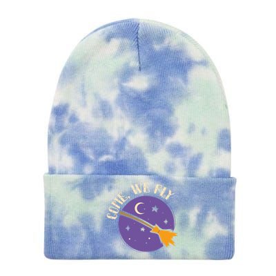 Spooky Halloween Witch I Witches Broom I Come We Fly Gift Tie Dye 12in Knit Beanie