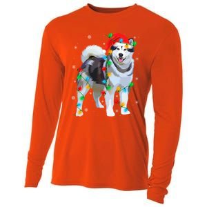 Santa Hat Xmas Lighting Siberian Husky Christmas Gift Cooling Performance Long Sleeve Crew