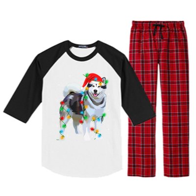 Santa Hat Xmas Lighting Siberian Husky Christmas Gift Raglan Sleeve Pajama Set