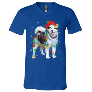 Santa Hat Xmas Lighting Siberian Husky Christmas Gift V-Neck T-Shirt