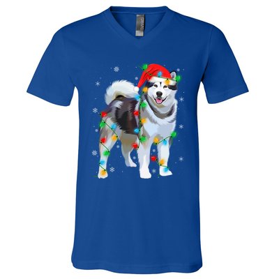 Santa Hat Xmas Lighting Siberian Husky Christmas Gift V-Neck T-Shirt