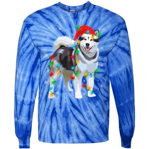 Santa Hat Xmas Lighting Siberian Husky Christmas Gift Tie-Dye Long Sleeve Shirt