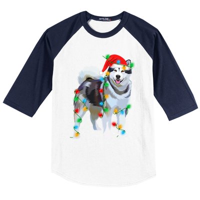 Santa Hat Xmas Lighting Siberian Husky Christmas Gift Baseball Sleeve Shirt