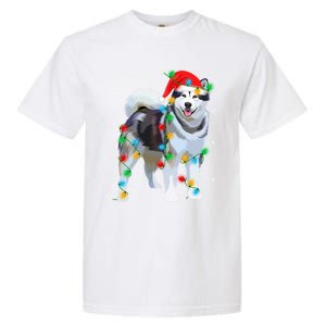 Santa Hat Xmas Lighting Siberian Husky Christmas Gift Garment-Dyed Heavyweight T-Shirt