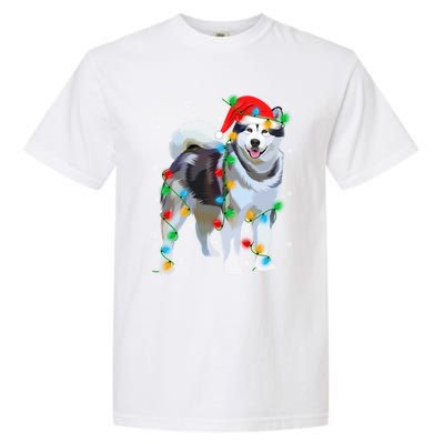 Santa Hat Xmas Lighting Siberian Husky Christmas Gift Garment-Dyed Heavyweight T-Shirt