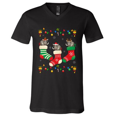 Santa Hat Xmas Light Funny Three Boar in Christmas Socks V-Neck T-Shirt