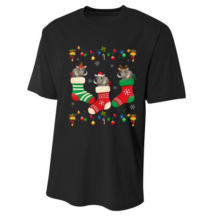 Santa Hat Xmas Light Funny Three Boar in Christmas Socks Performance Sprint T-Shirt