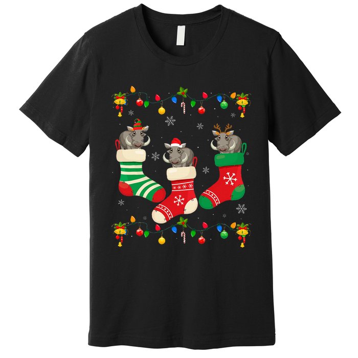 Santa Hat Xmas Light Funny Three Boar in Christmas Socks Premium T-Shirt