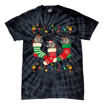 Santa Hat Xmas Light Funny Three Boar in Christmas Socks Tie-Dye T-Shirt