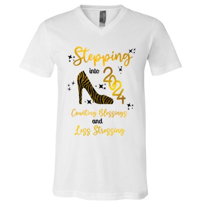 Stepping Into 2024 Counting Blessings And Less Stressing V-Neck T-Shirt
