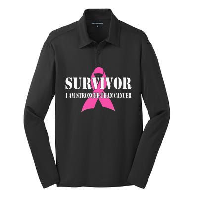 Survivor I Am Stronger Than Cancer Breast Cancer Awareness Silk Touch Performance Long Sleeve Polo