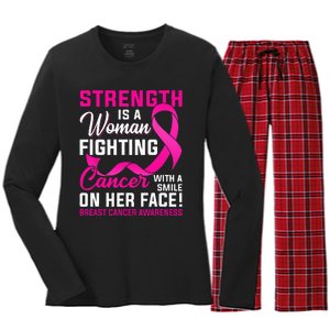 Strength Is A Woman Fighting Cancer Breast Cancer Awareness Women's Long Sleeve Flannel Pajama Set 