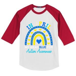 Support In April We Wear Blue Rainbow Autism Awareness Month Gift Kids Colorblock Raglan Jersey