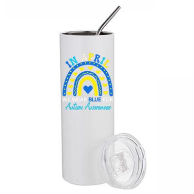 Support In April We Wear Blue Rainbow Autism Awareness Month Gift Stainless Steel Tumbler