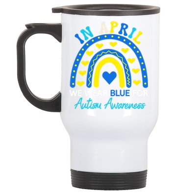 Support In April We Wear Blue Rainbow Autism Awareness Month Gift Stainless Steel Travel Mug