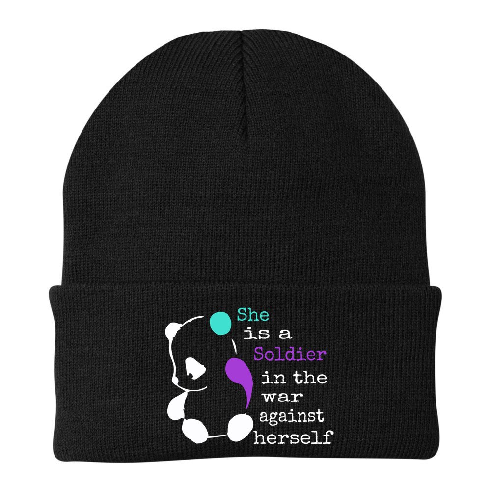 She Is A Soldier Semicolon Gift Suicide Prevention Awareness Gift Beanie