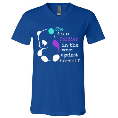 She Is A Soldier Semicolon Gift Suicide Prevention Awareness Gift V-Neck T-Shirt