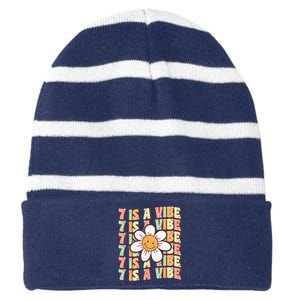 Seven Is A Vibe Cute Groovy 7th Birthday Party Daisy Flower Striped Beanie with Solid Band