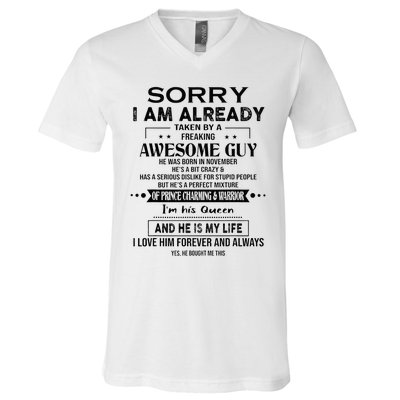 Sorry I Am Already Taken By A Freaking Awesome Guy November V-Neck T-Shirt