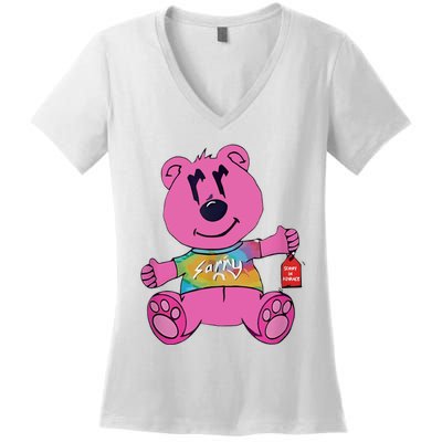 Sorry In Advance Pink Bear Holding Price Ticket Design Women's V-Neck T-Shirt