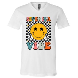 Seven Is A Vibe 7th Birthday Groovy Boy Girl 7 Years Old V-Neck T-Shirt