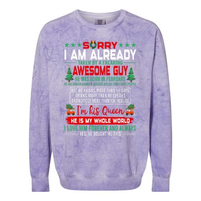 Sorry Im Already Taken By Awesome Guy Christmas February Man Colorblast Crewneck Sweatshirt