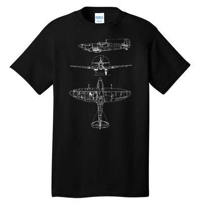 Spitfire Iconic British Airplane Blueprint Design Tall T-Shirt