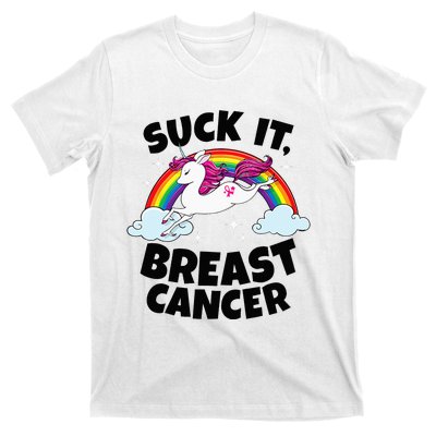 Suck It Breast Cancer Quote With Unicorn And Pink Ribbon T-Shirt