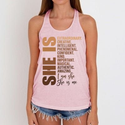 She Is Black History Month Unapologetic African Juneteenth Meaningful Gift Women's Knotted Racerback Tank