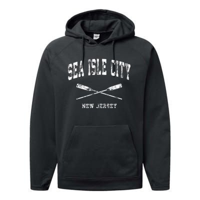 Sea Isle City New Jersey Vintage Nautical Crossed Oars Performance Fleece Hoodie