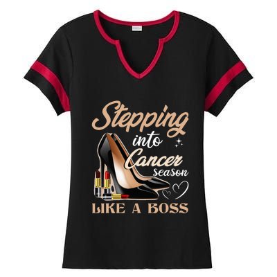 Stepping Into Cancer Season Like A Boss Zodiac Birthday Ladies Halftime Notch Neck Tee