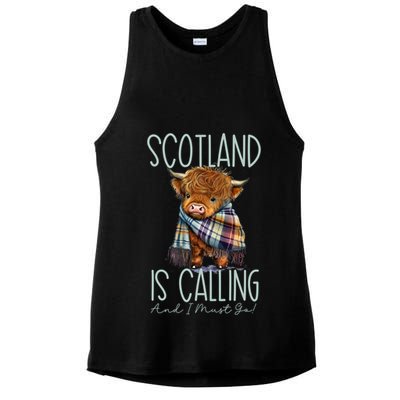 Scotland Is Calling And I Must Go! Highland Cow Gift Ladies PosiCharge Tri-Blend Wicking Tank