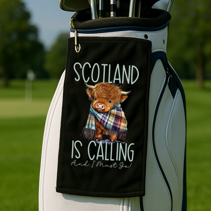 Scotland Is Calling And I Must Go! Highland Cow Gift Golf Towel
