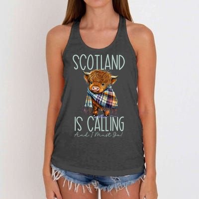 Scotland Is Calling And I Must Go! Highland Cow Gift Women's Knotted Racerback Tank