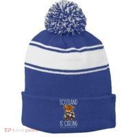 Scotland Is Calling And I Must Go! Highland Cow Gift Stripe Pom Pom Beanie