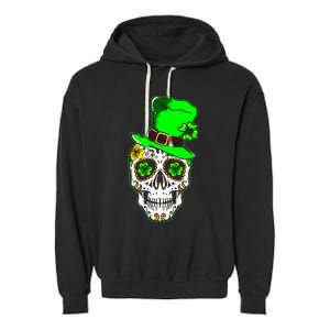 Sugar Irish Clover Skull St Patricks Day Garment-Dyed Fleece Hoodie