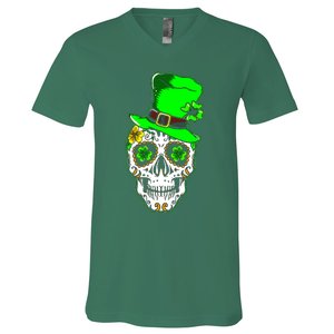 Sugar Irish Clover Skull St Patricks Day V-Neck T-Shirt