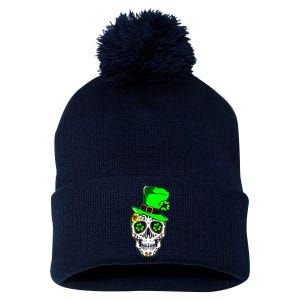 Sugar Irish Clover Skull St Patricks Day Pom Pom 12in Knit Beanie