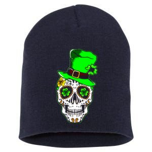 Sugar Irish Clover Skull St Patricks Day Short Acrylic Beanie