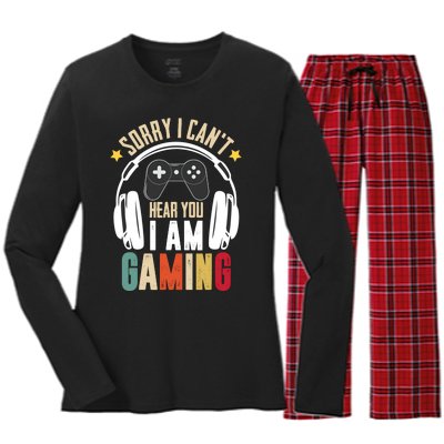 Sorry I CanT Hear You IM Gaming Funny Vintage Gaming Women's Long Sleeve Flannel Pajama Set 