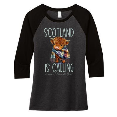 Scotland Is Calling And I Must Go! Highland Cow Women's Tri-Blend 3/4-Sleeve Raglan Shirt